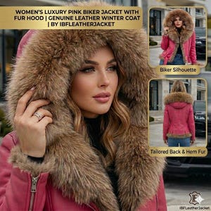 Pink Leather Jacket with Real Fur Hood, Genuine Leather Biker Coat for Women, Winter Luxury Outerwear by IBFLeatherJacket
