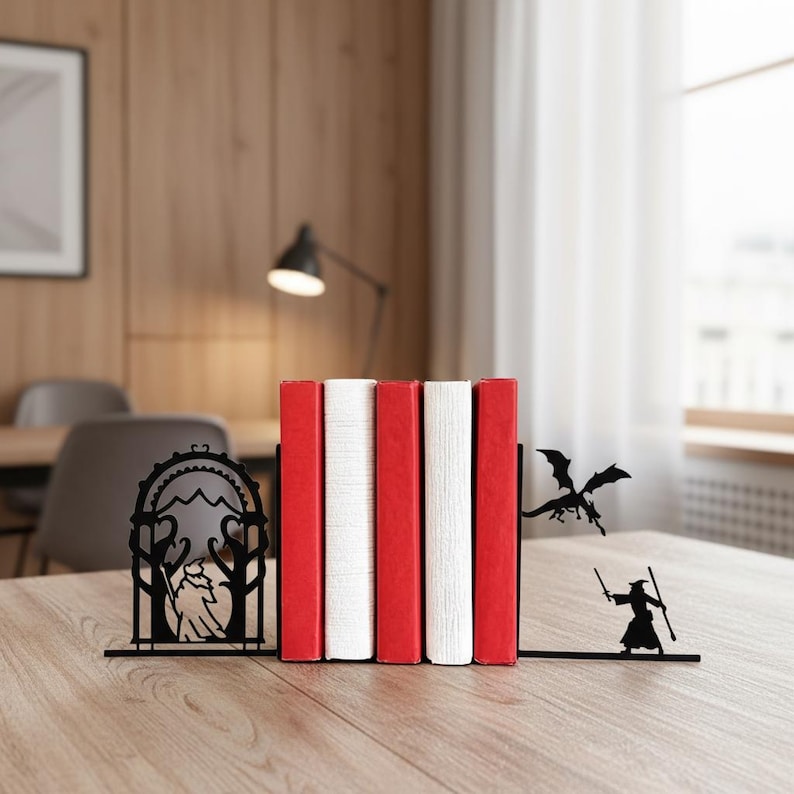 Fantasy Wizard Dragon Metal Bookends: Silhouette Book Holders, Black Decor image 3