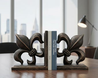 Vintage Fleur De Lis Buchstützen aus Resin: Distressed Metallic Gothic Schreibtisch Accessoires