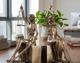 May include: Two bronze-colored statues of Lady Justice, blindfolded and holding scales and a sword. The statues are seated on square pedestals. The statues are on a wooden desk in front of a window.