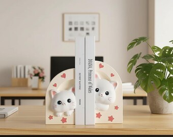 Könnte beinhalten: Ein Paar cremefarbene, halbkreisförmige Buchstützen mit einem weißen Katzendesign mit großen schwarzen Augen und rosa Ohren. Die Buchstützen sind mit kleinen rosa Herzen und Sternen verziert und stützen zwei Bücher mit den Titeln Henry Matisse und Diana, Princess of Wales.