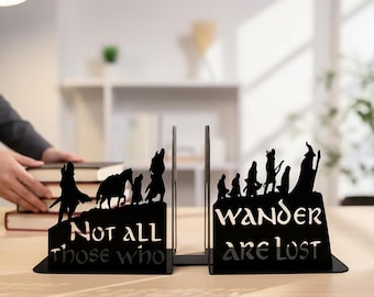 Fantasy Silhouette Metal Bookends: "Not All Those Who Wander Are Lost" Quote Book Holders