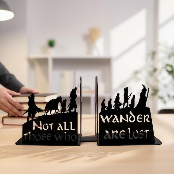 Fantasy Silhouette Metal Bookends: "Not All Those Who Wander Are Lost" Quote Book Holders