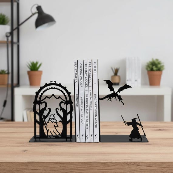 Fantasy Wizard Dragon Metal Bookends: Silhouette Book Holders, Black Decor