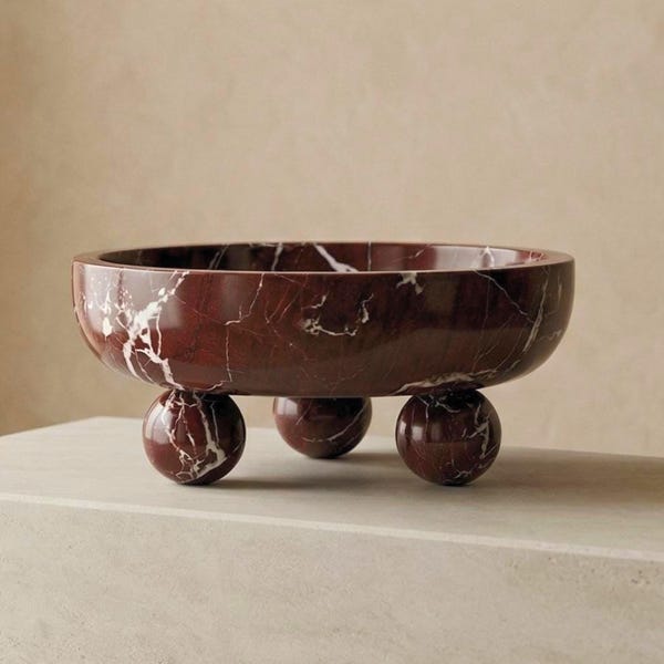 Bol de mármol Rosso Levanto, base esférica escultural, centro de mesa de lujo para frutas.