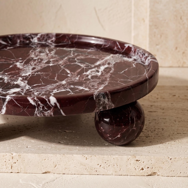 Bandeja con pedestal de mármol Rosso Levanto – Centro de mesa redondo de 28 cm, expositor de joyas – Decoración moderna imagen 3