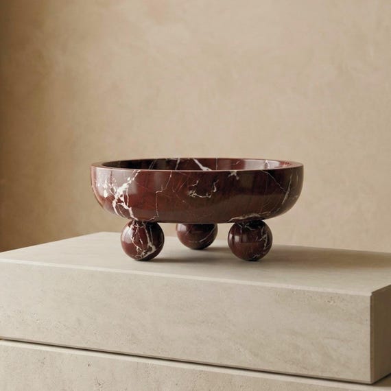 Rosso Levanto Marble Bowl, Sculptural Sphere Base, Luxury Fruit Centerpiece