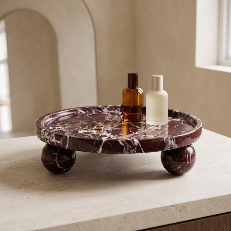 Bandeja con pedestal de mármol Rosso Levanto – Centro de mesa redondo de 28 cm, expositor de joyas – Decoración moderna imagen 5