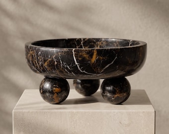 Michael Angelo Marble Bowl, Sculptural Sphere Base, Luxury Stone Fruit Centerpiece