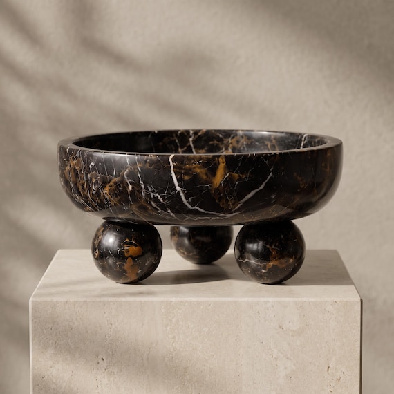 Michael Angelo Marble Bowl, Sculptural Sphere Base, Luxury Stone Fruit Centerpiece