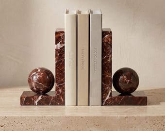 Rosso Levanto Marble Bookends Set, Heavy Stone Bookends, Modern Minimalist Shelf Decor