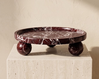 Rosso Levanto Marble Pedestal Tray – 11" Round Centerpiece, Jewelry Display – Modern Decor