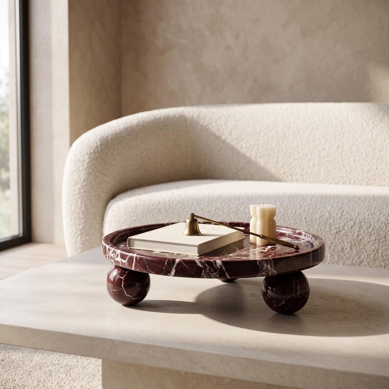 Bandeja con pedestal de mármol Rosso Levanto – Centro de mesa redondo de 28 cm, expositor de joyas – Decoración moderna imagen 4
