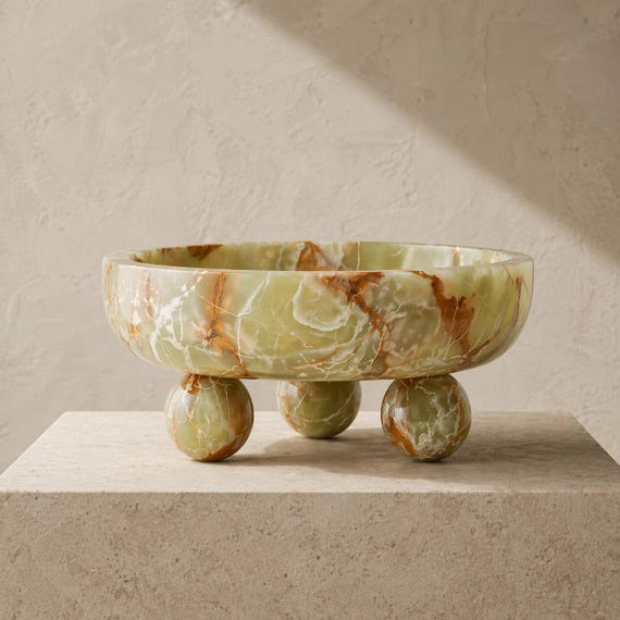 Green Onyx Marble Bowl, Decorative Stone Bowl with Ball Feet, Luxury Kitchen Centerpiece, Modern Home Decor