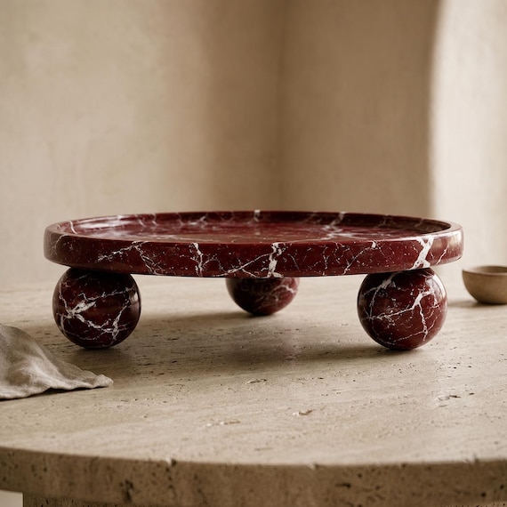 Rosso Levanto Marble Pedestal Tray – 11" Round Centerpiece, Jewelry Display – Modern Decor