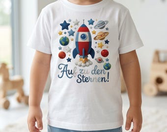 Kinder T-Shirt Weltraum „Auf zu den Sternen!“ – Raketen Shirt für Jungen & Mädchen, Weltall Bio-Baumwolle Geschenk, Weltraum-Abenteuer Shirt