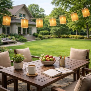 May include: Outdoor scene with a wooden table and chairs set on a patio. A string of woven lantern lights hangs overhead. The table is set with a coffee mug, a potted plant, a bowl of apples, and a notebook with glasses and a pencil.