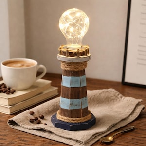 Handgemaakte houten vuurtorenlamp, kust nautisch decorlicht, rustieke strandhuis tafellamp, warm, gezellig nachtlampje, werkt op batterijen
