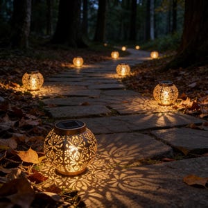 May include: Pathway illuminated by several solar-powered lanterns. The lanterns have a decorative, openwork design that casts intricate shadows on the stone path and surrounding foliage. The warm glow creates a welcoming ambiance in the forest.