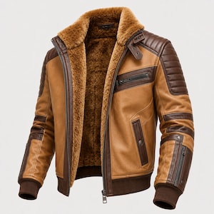May include: A tan and dark brown jacket featuring a thick, plush brown faux fur lining and collar. The jacket includes a full-length front zip, ribbed cuffs, and quilted shoulder panels. It has multiple zipped pockets on the chest and sleeves.