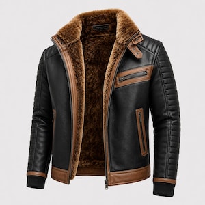May include: A black jacket with brown leather trim and a thick brown faux fur lining. The jacket features a high collar with a buckle strap, ribbed cuffs, a zippered chest pocket, two vertical zippered side pockets, and quilted shoulder panels.