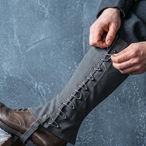 Grey Canvas Gaiters for Boots | Medieval Lace-Up Leg Gaiters | Hiking Hunting Spats | Renaissance Costume | Outdoor Boot Covers