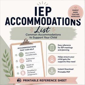 Op de afbeelding: Een afdrukbaar referentieblad getiteld "IEP Accommodaties Lijst" met de tekst "Gemeenschappelijke Accommodaties om uw Kind te Ondersteunen". Het blad bevat een lijst met accommodaties en is gemarkeerd met "Ouder Gemaakt Leraar Goedgekeurd".