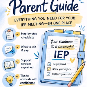 Może przedstawiać: Ilustrowany przewodnik zatytułowany "IEP Parent Guide" z tekstem i grafiką. Zawiera listy kontrolne, porady i plan spotkań IEP. Obraz przedstawia jasnoniebieski schowek z żółtym ołówkiem i ikoną żarówki.