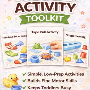 Puede incluir: Un kit de actividades para niños pequeños con tres tarjetas de actividades: Juego de calcetines a juego, actividad de tirar cinta adhesiva y clasificación de formas. La imagen incluye un pato amarillo y el texto "Actividades sencillas y de baja preparación".