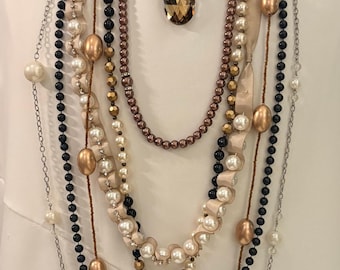 Lot of 8 Faux Pearl Necklaces: Neutral Tones, Multi-Strand Statement Jewelry Bundle