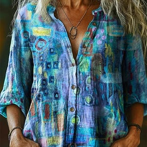 Colorful Patchwork Blouse, Boho Hippie Shirt for Women, Embroidered Look Tunic Top, Vintage Aesthetic Clothing, Summer Festival Floral Top