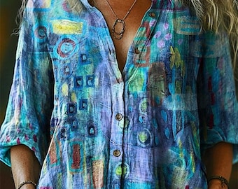 Colorful Patchwork Blouse, Boho Hippie Shirt for Women, Embroidered Look Tunic Top, Vintage Aesthetic Clothing, Summer Festival Floral Top