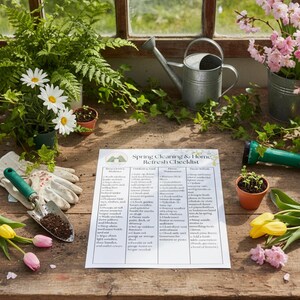 May include: A wooden table displays gardening tools, flowers, and a checklist titled "Spring Cleaning & Home Refresh Checklist." The scene includes a trowel, gloves, watering can, and potted plants with daisies, ferns, and tulips. The checklist is in the center.