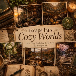 May include: A collection of 50 high-quality digital wallpapers titled Escape Into Cozy Worlds by NoviqueLab, featuring various atmospheric scenes of libraries, greenhouses, and landscapes, displayed alongside books, a coffee mug, and stationery.