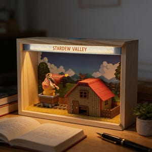 Könnte beinhalten: Ein rechteckiger hölzerner Leuchtkasten mit einer Stardew Valley-Szene, bestehend aus einem Miniaturhaus mit rotem Dach, einer gelben Figur in einem Lorenwagen auf Schienen und einem Hintergrundbild mit Bäumen, Bergen und Wolken.
