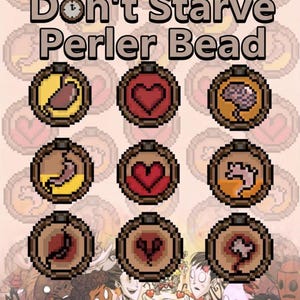 Puede incluir: Una colección de nueve iconos circulares de pixel art dispuestos en una cuadrícula, con símbolos de hambre, salud y cordura del juego Don't Starve. Los iconos están hechos de cuentas Perler con bordes de color marrón.