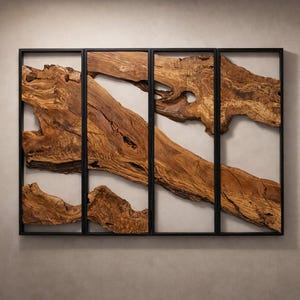 Olive Wood Wall Art with Metal Frame, Large Farmhouse Scandinavian Decor, Extra Long Statement Wall Art, Above Bed Modern Home Decor