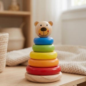 May include: A wooden stacking toy featuring a bear-shaped topper with a painted face and five smooth, circular rings in blue, green, yellow, orange, and red. The base is a natural wood disc, and the entire structure is assembled vertically.