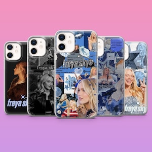 May include: Several phone cases with the name "freya skye" and images of a blonde woman. The cases have different designs, including collages with text, stars, and portraits. The cases are arranged in a row against a pink background.
