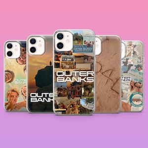 Puede incluir: Un conjunto de cinco fundas para teléfono con varios diseños. Las fundas presentan imágenes y texto relacionados con "Outer Banks", incluyendo fotos, el logotipo del programa y la frase "Paradise on Earth."
