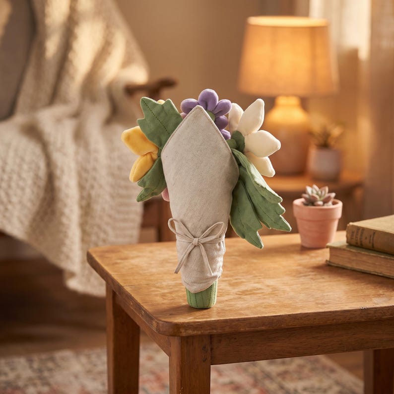 Op de afbeelding: Een stoffen boeket met gele, witte en paarse bloemen en groene bladeren. De bloemen zijn verpakt in beige stof en vastgebonden met een strik. Het boeket staat op een houten tafel.