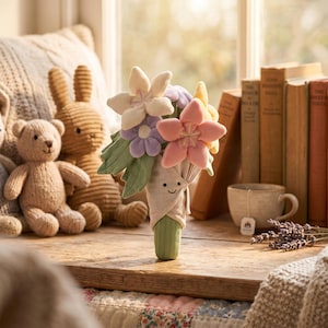 Op de afbeelding: Een pluche boeket met pastelkleurige bloemen, waaronder roze, lavendelkleurige en gele bloemen, met groene bladeren. Het boeket is verpakt in een beige stof met een lachend gezicht. Andere pluche speelgoed en boeken zijn op de achtergrond.