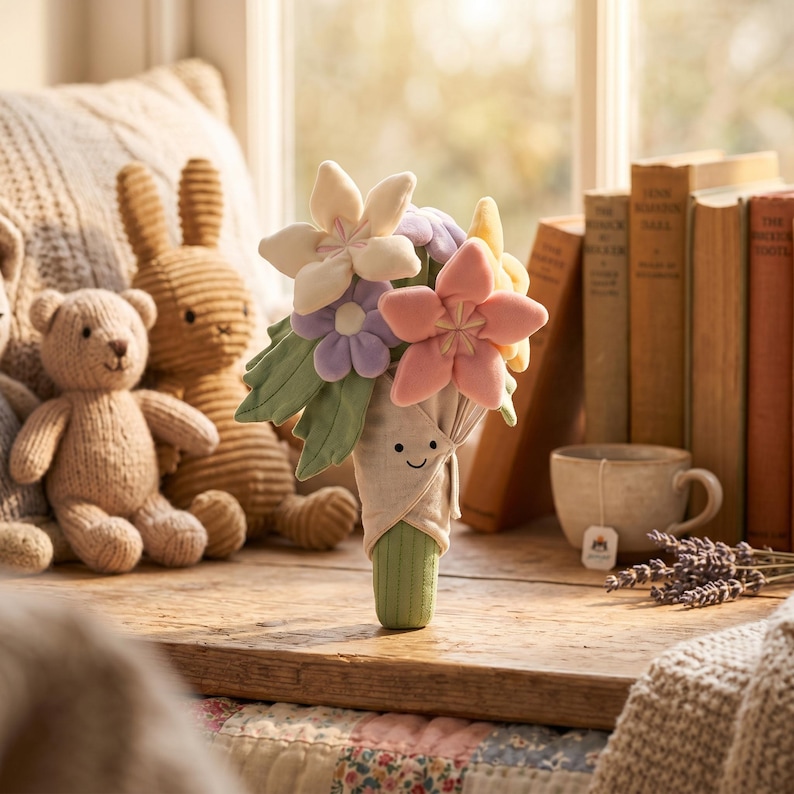 Op de afbeelding: Een pluche boeket met pastelkleurige bloemen, waaronder roze, lavendelkleurige en gele bloemen, met groene bladeren. Het boeket is verpakt in een beige stof met een lachend gezicht. Andere pluche speelgoed en boeken zijn op de achtergrond.