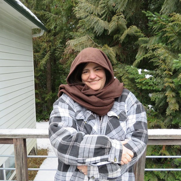 hooded scarf, fleece scarf, snoodie, brown scarf, long scarf, neck warmer, hood scarf, womans scarf hat, hooded fleece scarf, womens hat