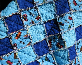 Baby Blanket, boys blanket, flannel blanket, Crib Blanket, blanket, Rag Quilt, security blanket, Trains & Teddy Bears, flannel rag quilt