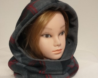 grey plaid hood cowl, hooded cowl, fleece hood cowl, reversable hooded cowl, hooded scarf, snood, fleece snood, two layer hood cowl, cowl