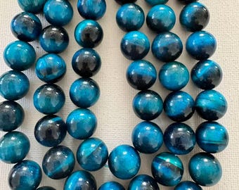 Sea Blue Dyed Tiger Eye Beads, Round Gemstone Beads 6mm 8mm 12mm, 16 Inch Strand for Jewelry Making