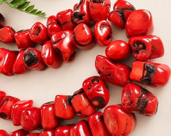 Large Red Nugget Beads Strand, Organic Irregular Natural Coral Style Beads (~9-21mm)