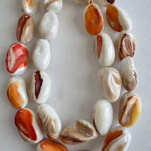 May include: A necklace composed of smooth, polished, irregular-shaped beads in shades of white, cream, orange, and deep reddish-brown. The beads have a glossy, shell-like appearance with natural color variations and organic, rounded contours throughout.