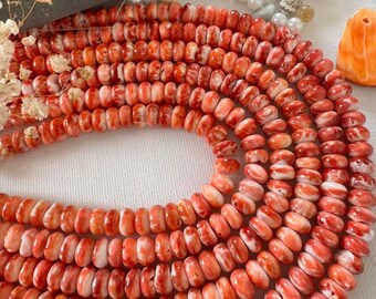 Spiny Oyster Shell Rondelle Beads 8mm, Orange & Coral Red Natural Shell Beads, 16 Inch Strand, Jewelry Making Supplies